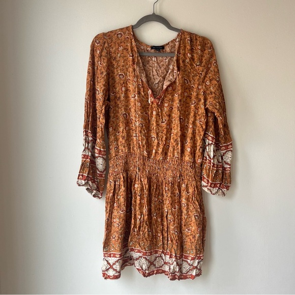 American Eagle Rust Floral Boho Mini Dress XL Bell Sleeve Smocked Waist Festival - Picture 1 of 12